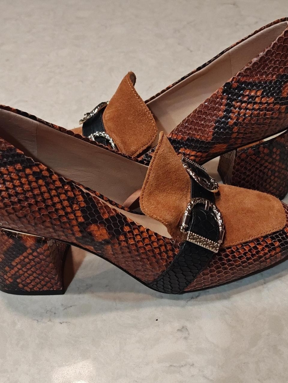 Antonio Melani Brown Snake-Print Block Heel Loafers with Suede Accent